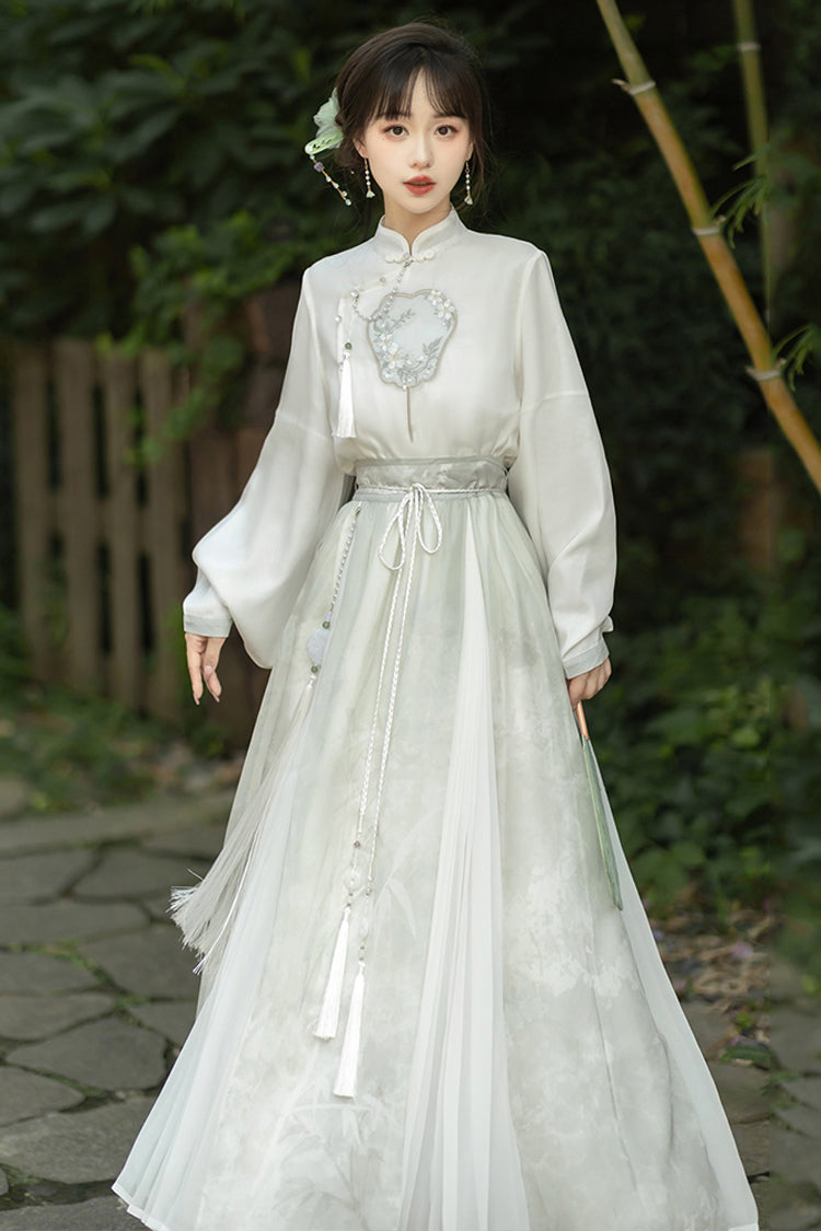 Emerald High-Waist Embroidered Mandarin Collar Puff Sleeve Hanfu Blouse and Skirt Set
