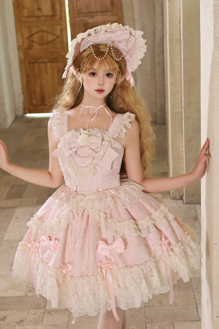 Blossoming Heart Love Sleeveless JSK, Dark Jacquard Print Bowknot Lace Sweet