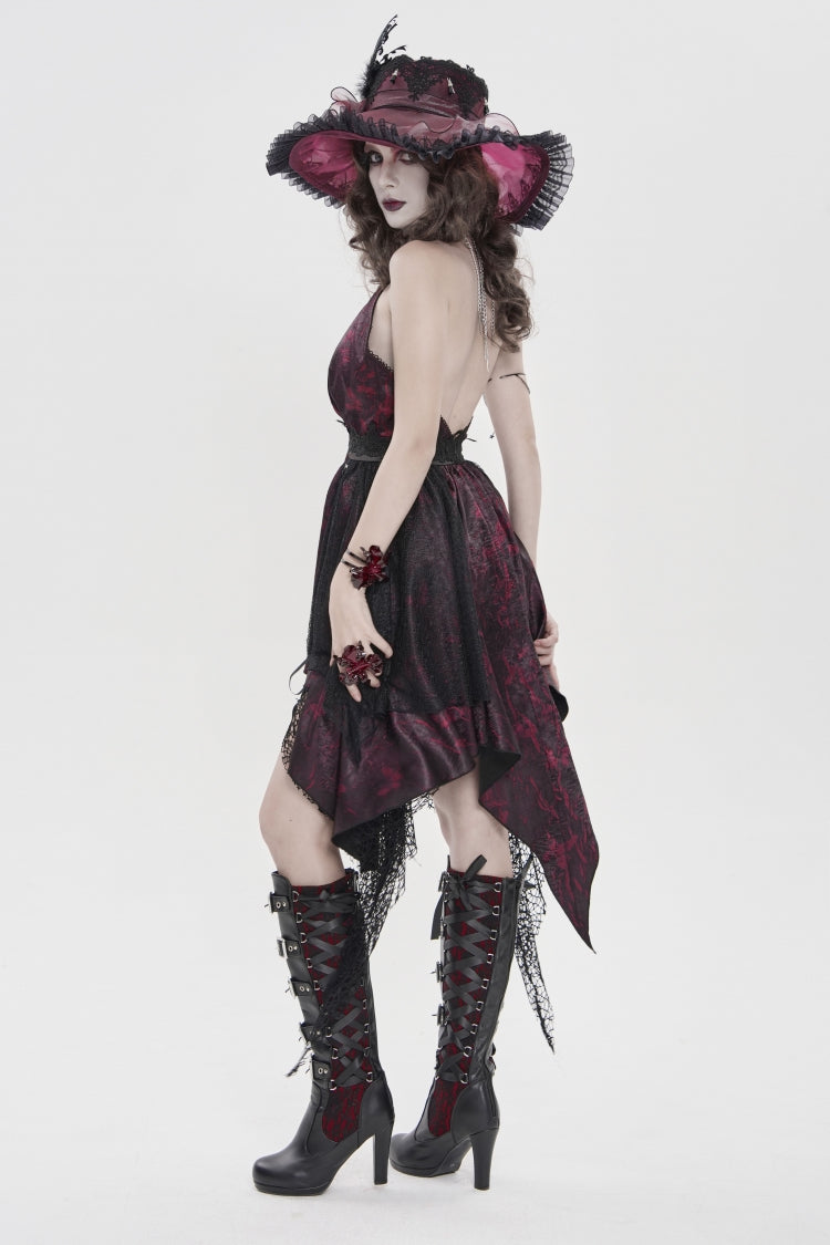 Crimson & Noir Strapless Layered Lace Tassel Gothic Dress with Print