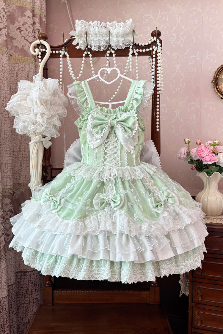Emerald Sleeveless Triple Ruffle Embroidered Bow Pearl Lace-Up Plus Size Lolita JSK