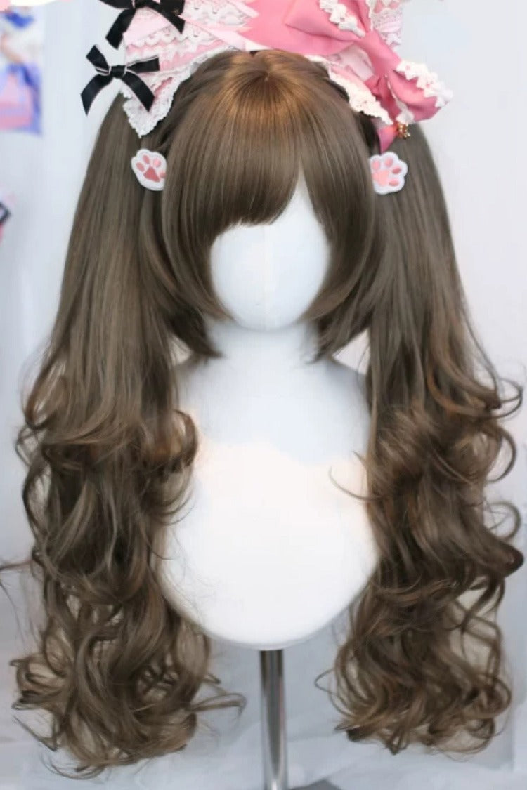 Sweet Lolita Twin Pigtails Wig Set with Ash Brown Side-Swept Bangs