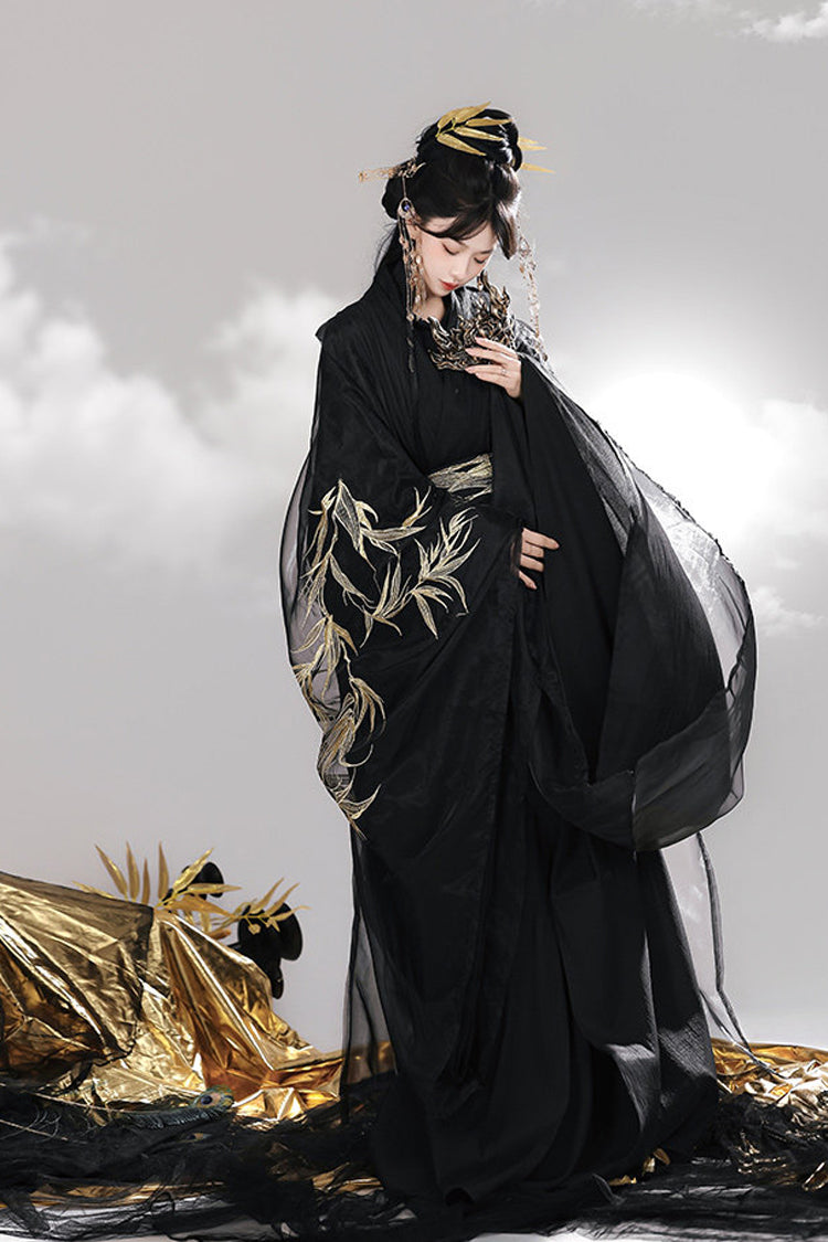 V-Neck Trumpet Sleeve High-Waisted Hanfu Dress Set - Bamboo Leaves