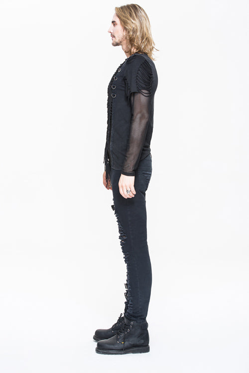 Men's Punk T-Shirt with Knitted Diamond Mesh and Ribbon Accents