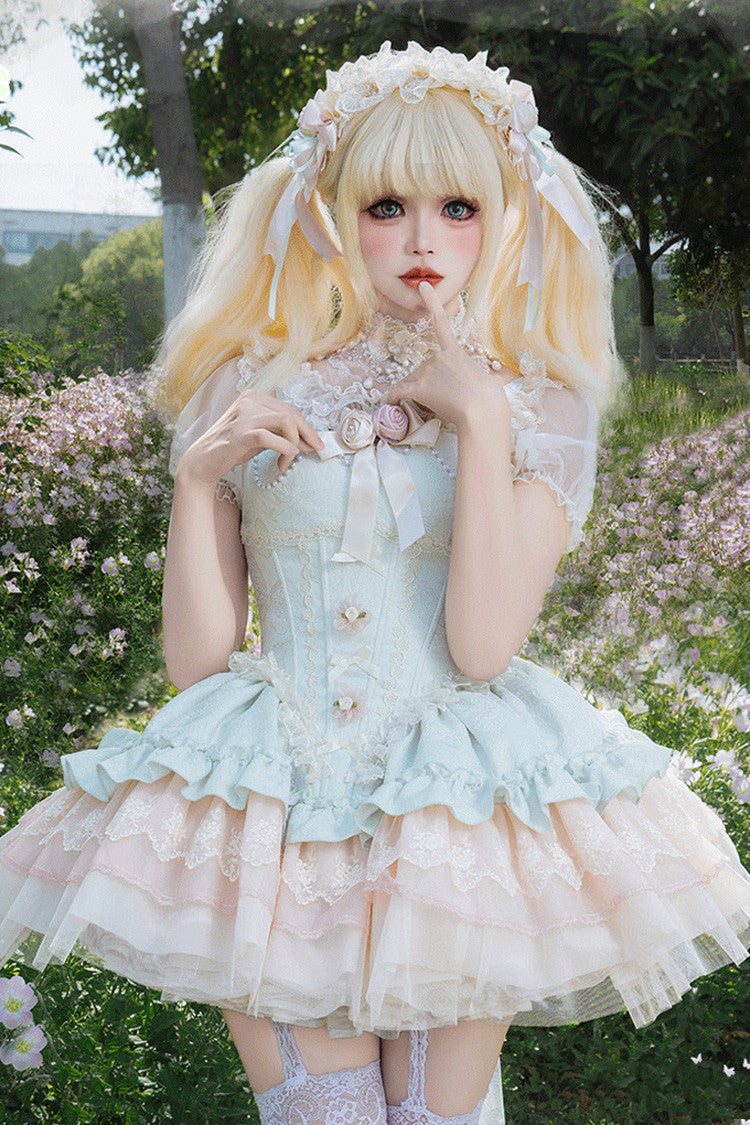 Emerald Sleeveless Multi-Layered Ruffle Bow Lace Lace-Up Sweet Princess Lolita JSK