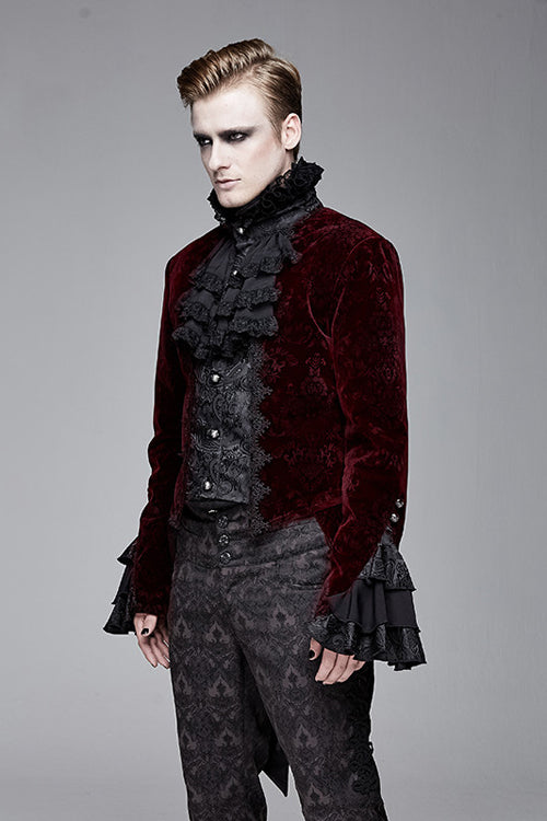 Lotus Leaf Corsage Collar Men's Red Gothic Swallowtail Coat