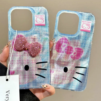 Coque de téléphone à motif de chat à carreaux bleus Kawaii KI673