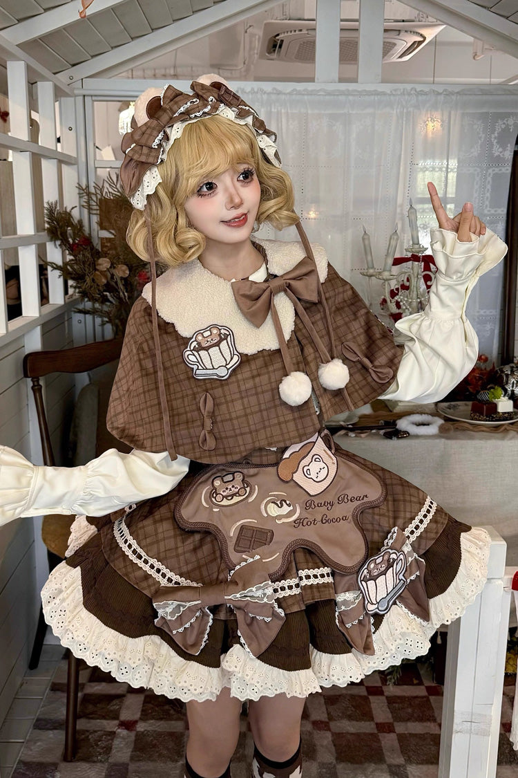 Chocolate Sleeveless Print Bow Lace JSK - Hot Cocoa Little Bear