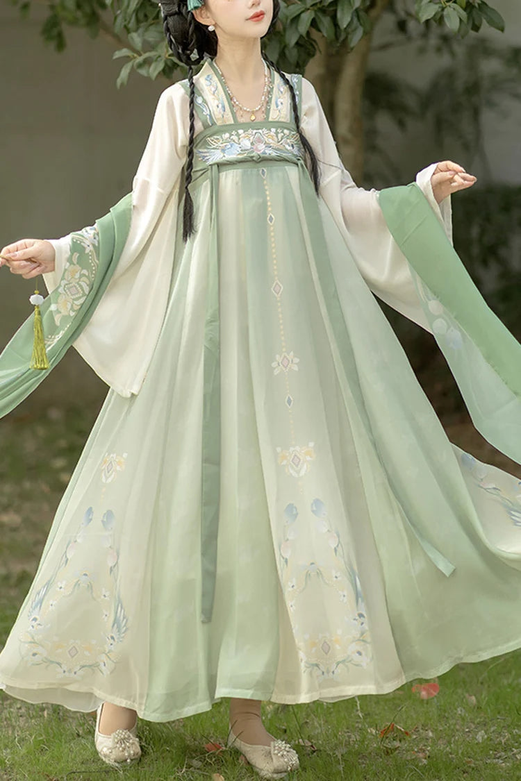 Emerald Trumpet Sleeves High Waist Printed Embroidered Sweet Chinese Hanfu Gown Full Set