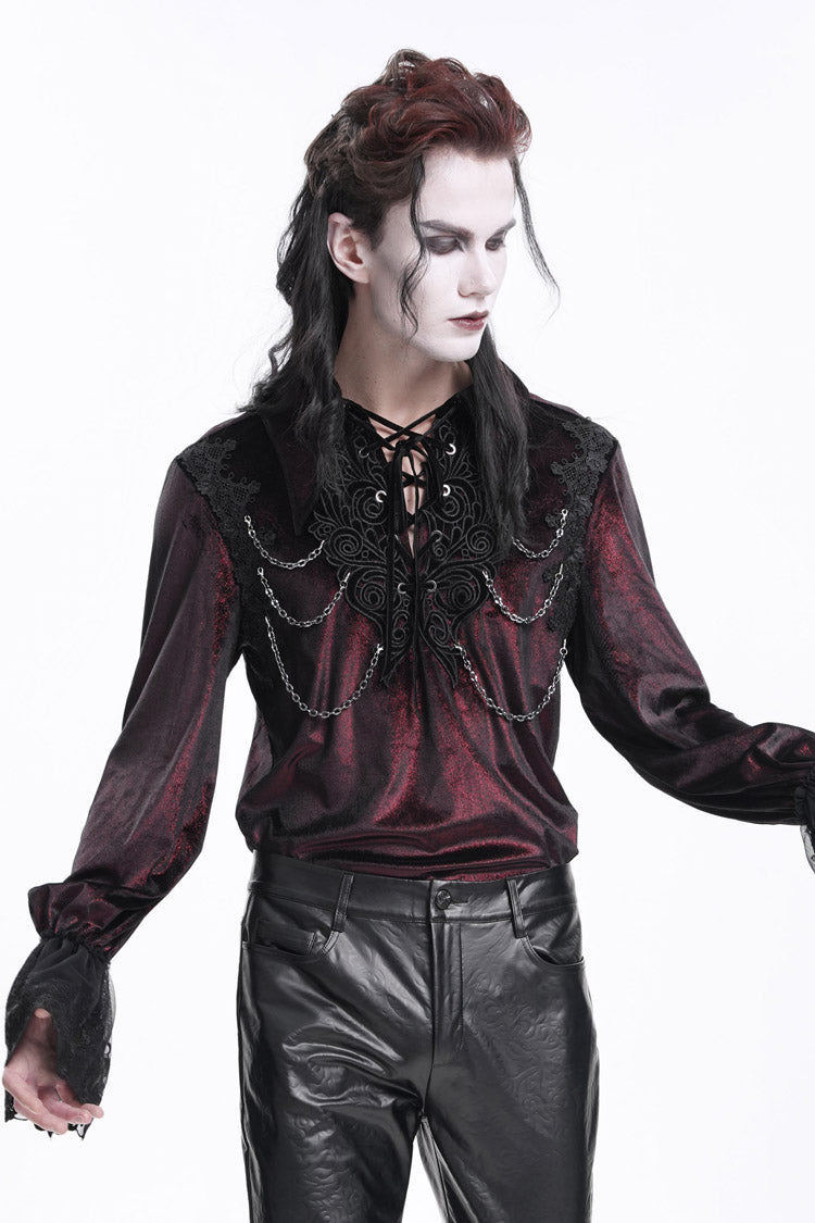 Burgundy V-Neck Long Sleeve Lace-Up Chain Gothic Men's Blouse