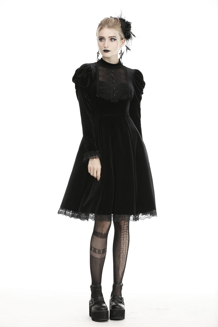 Gothic Velvet Gown with Puff Sleeves and Lace Detailing in Black