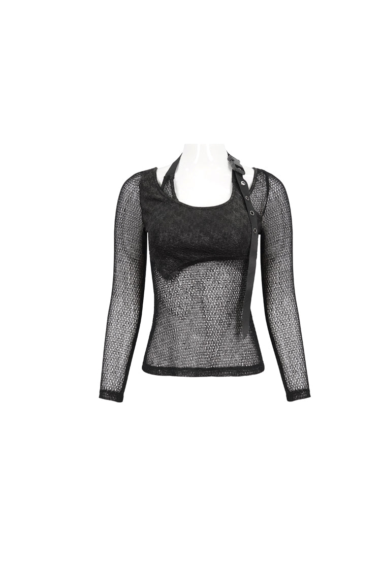 Asymmetric Wrap Punk Tee with Shoulder Loop for Women - Noir