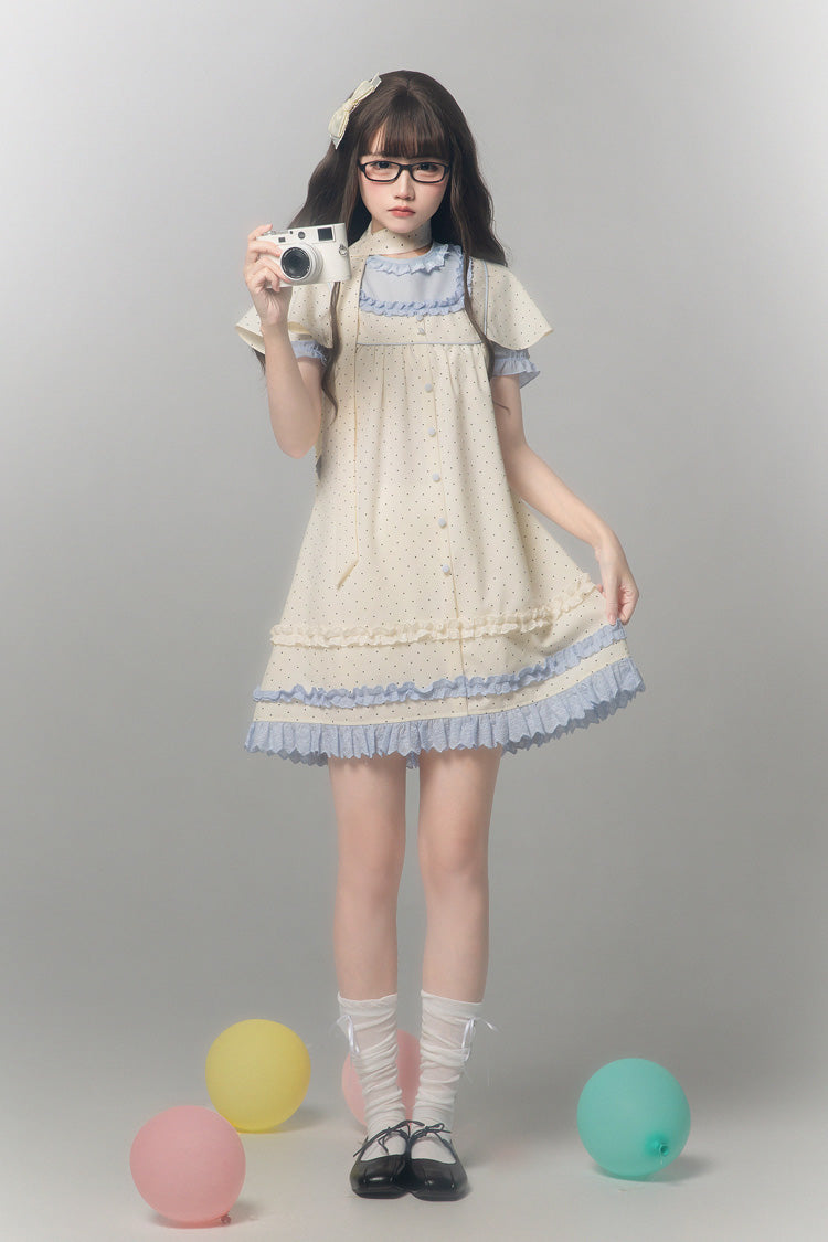 Polka Dot Bouclé Printed Ruffled Faux Two-Piece Sweet Japanese Lolita Dress with Round Collar and Long Sleeves
