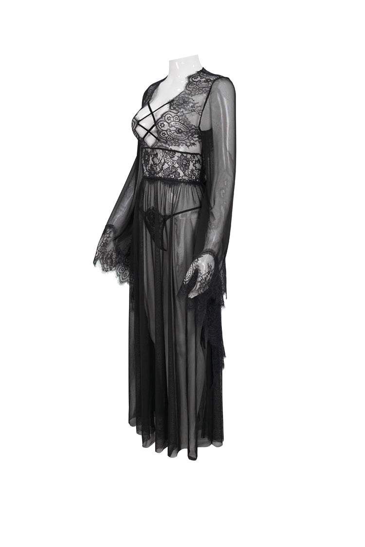 Sheer Backless Lace Bell-Sleeve Goth Gown