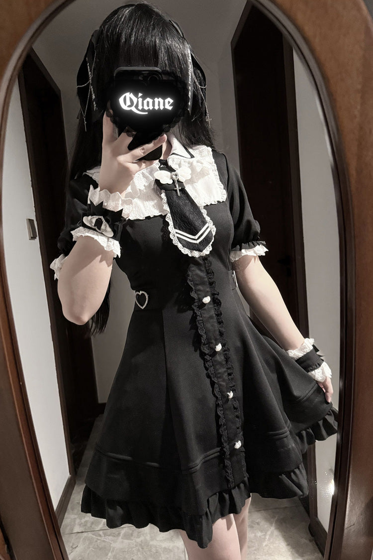 Short Sleeve Ruffle Bow Stitching Plus Size College Dress - Angel Creed