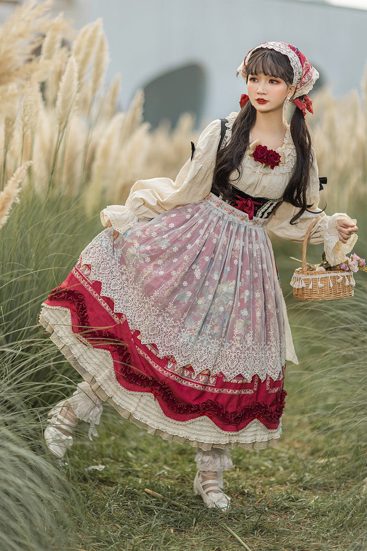 Burgundy Berries and Birds Print Ruffle Bow Velvet Classic Lolita Corset JSK Dress