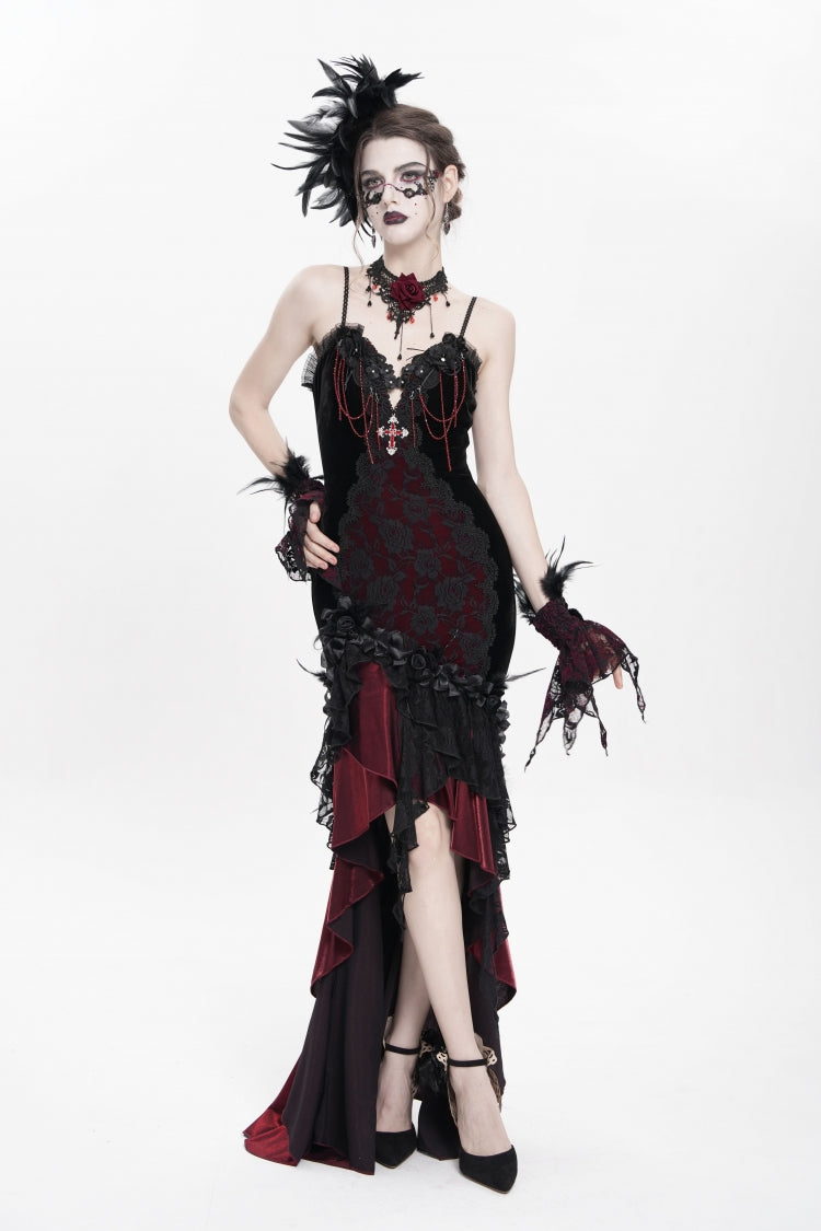 Crimson Gothic JSK with Embroidered Lace and Sleeveless Bardot Neckline