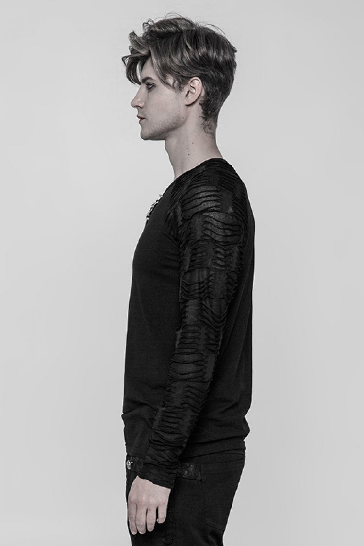 Men's Steampunk Tee with Metal D-Buckle and Ripped Detail, Long Sleeve