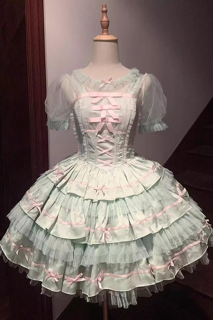 Emerald Triple Ruffle Bow Lace Fishbone Sweet Ballet Lolita Jumper with Shirt