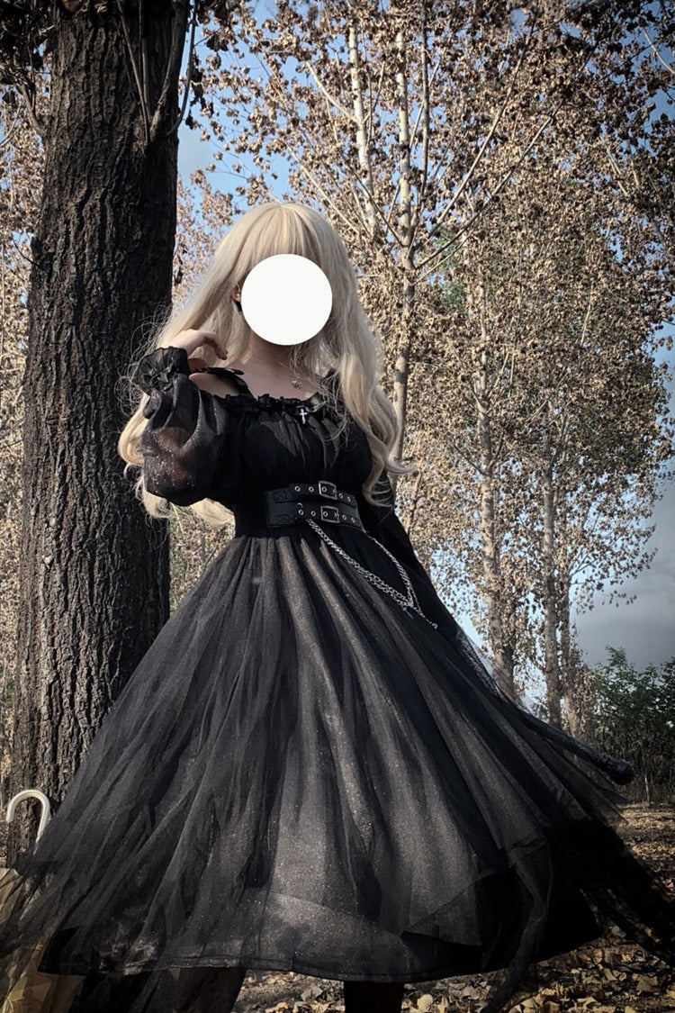 Gothic Plus-Size Lace Dress with Ruffle Bow Accents and Stitching, Long Sleeve