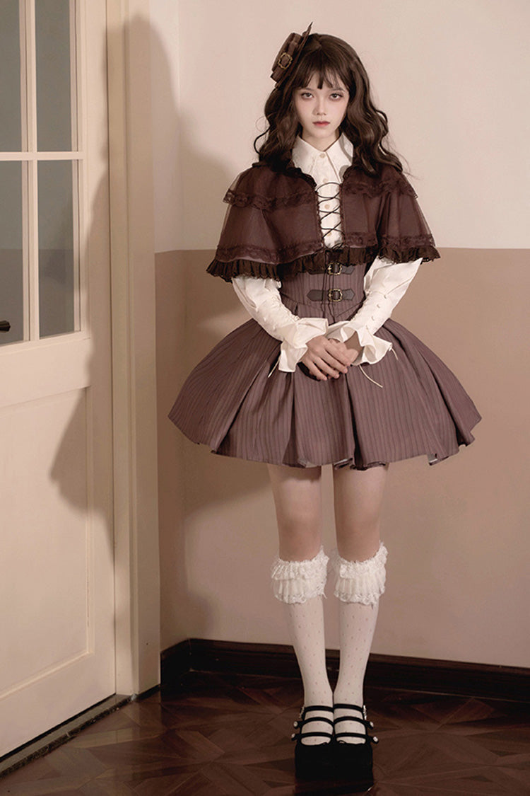 Chocolate Striped Print Breast Support Short Lolita Dress - Manchester City's Past