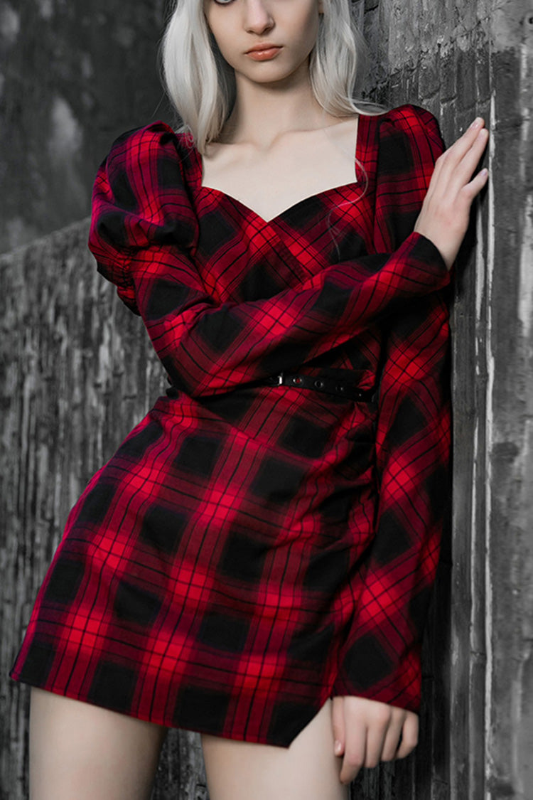 Crimson Noir Lattice High-Waist Belted Steampunk Dress with Long Sleeves