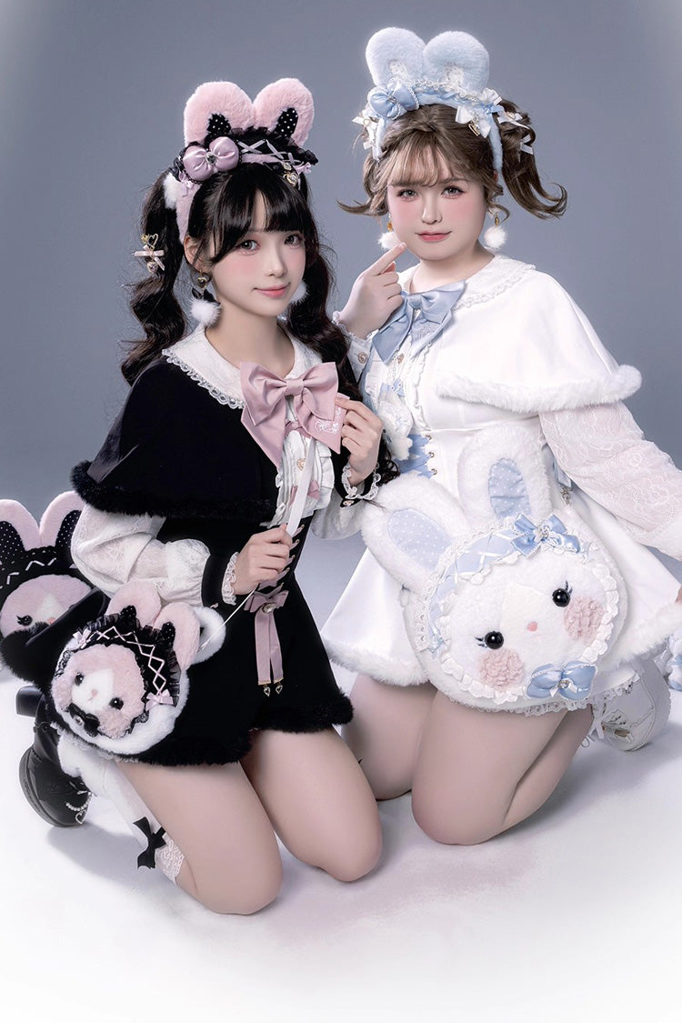 Jirai Kei Long-Sleeve Lace-Up Set with Ruffle Bow and Plush Shorts, Japanese Style