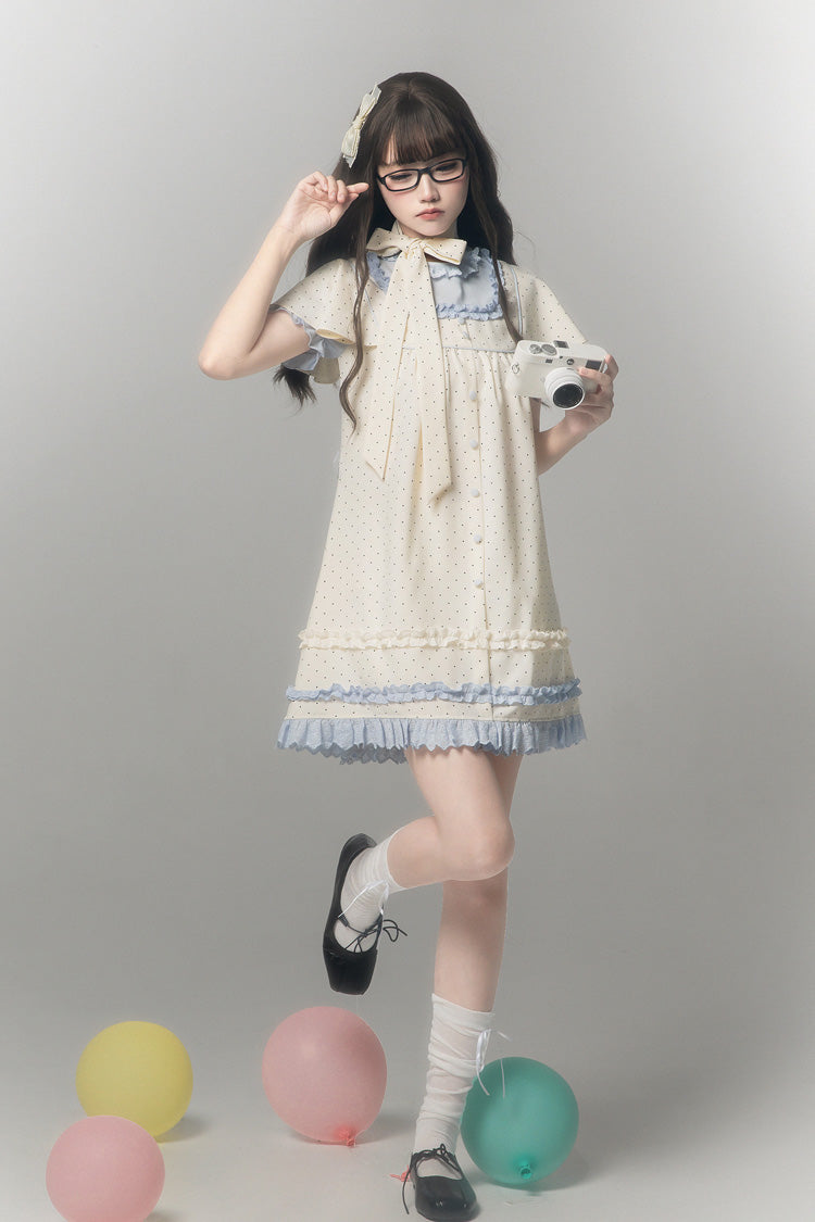 Polka Dot Bouclé Printed Ruffled Faux Two-Piece Sweet Japanese Lolita Dress with Round Collar and Long Sleeves