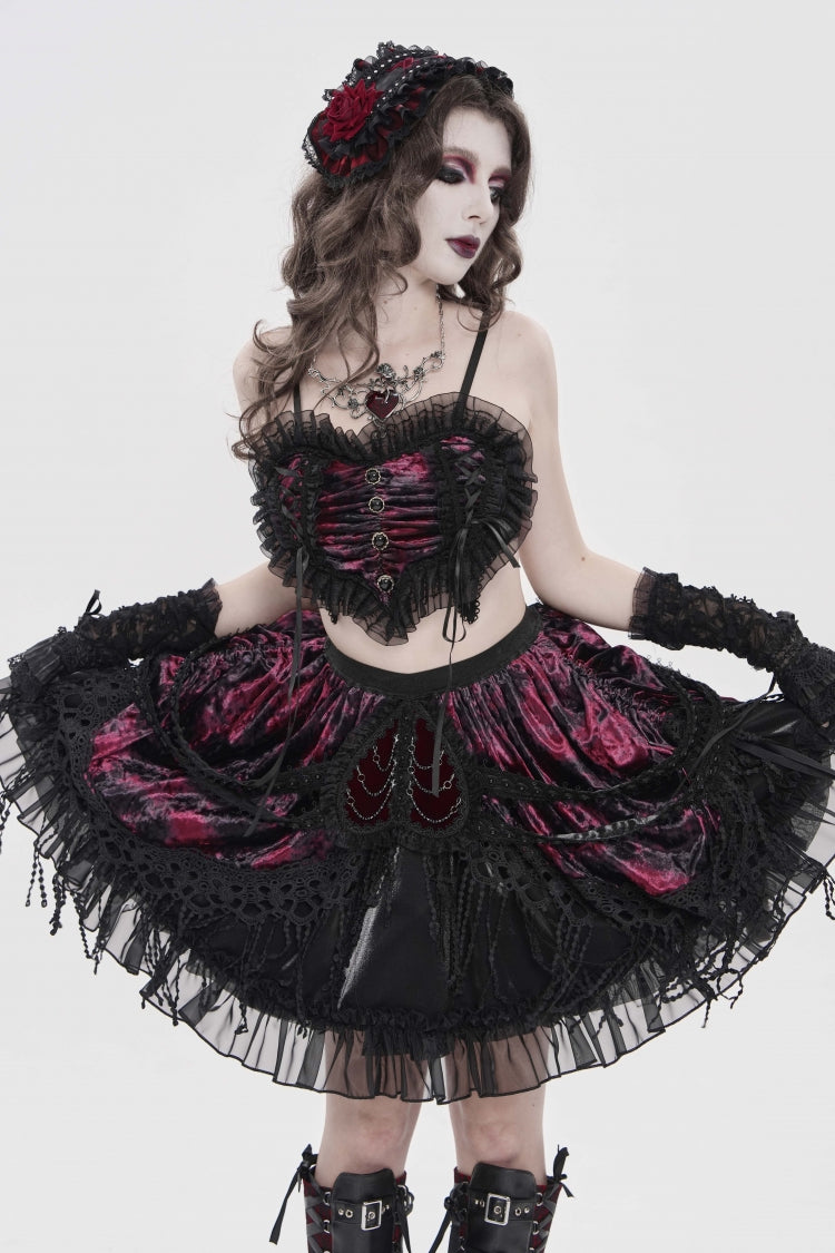 Crimson & Noir Off-Shoulder Bow Lace Color-Block Strappy Pleated Gothic Corset