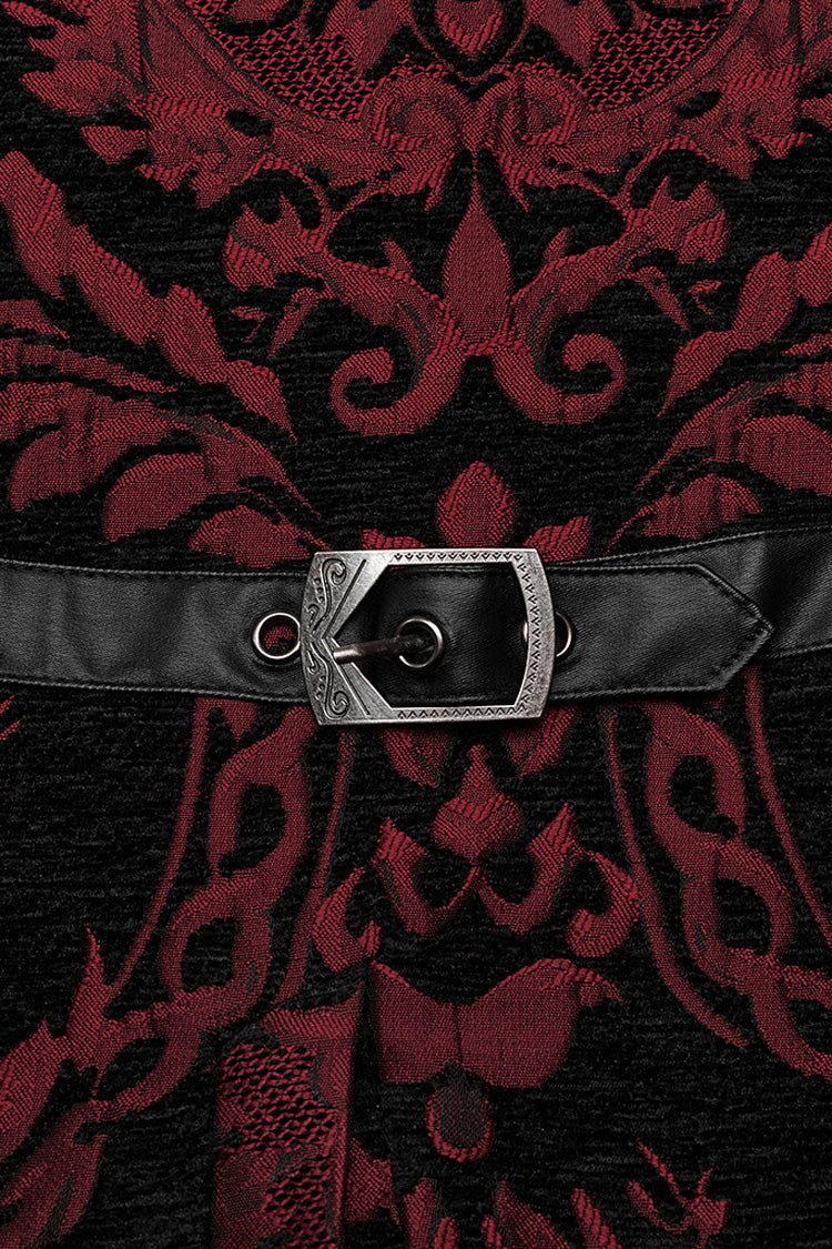 Crimson & Noir Men's Stand Collar Jacquard Print Stitched Metal Ring Gothic Vest