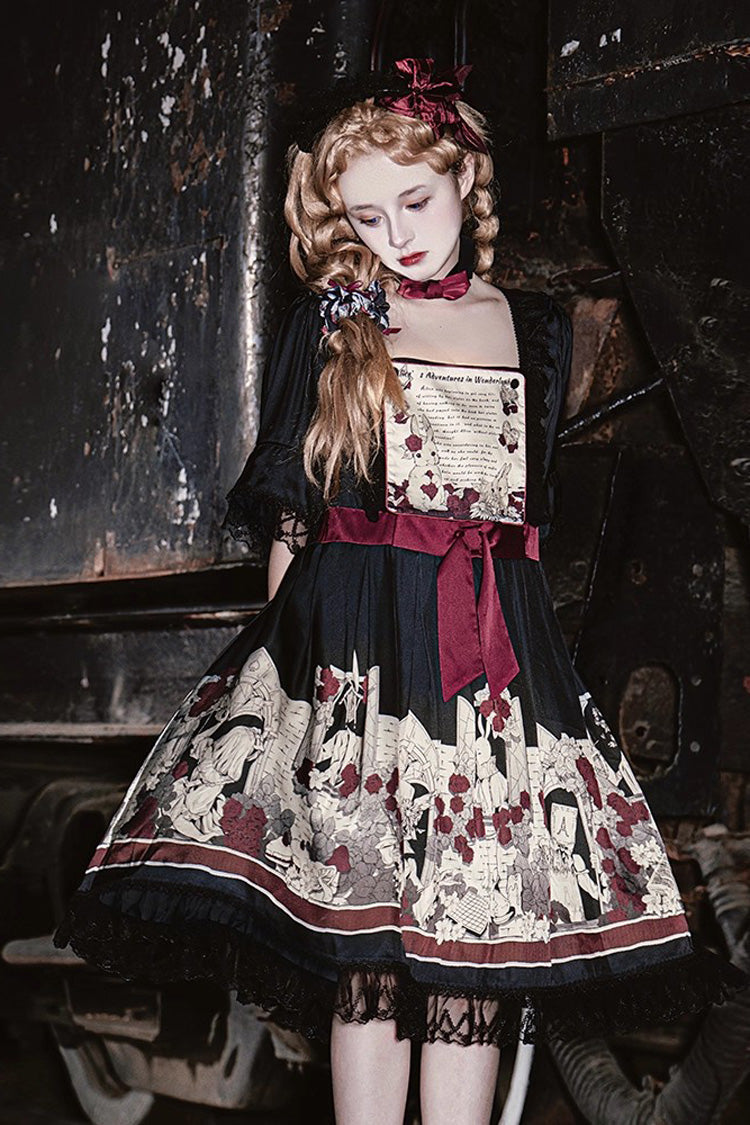 Print Bow Lace Gothic Dress - Alice of the Asylum