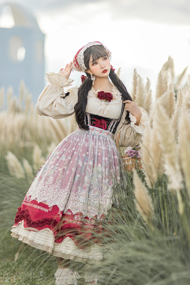 Burgundy Berries and Birds Print Ruffle Bow Velvet Classic Lolita Corset JSK Dress
