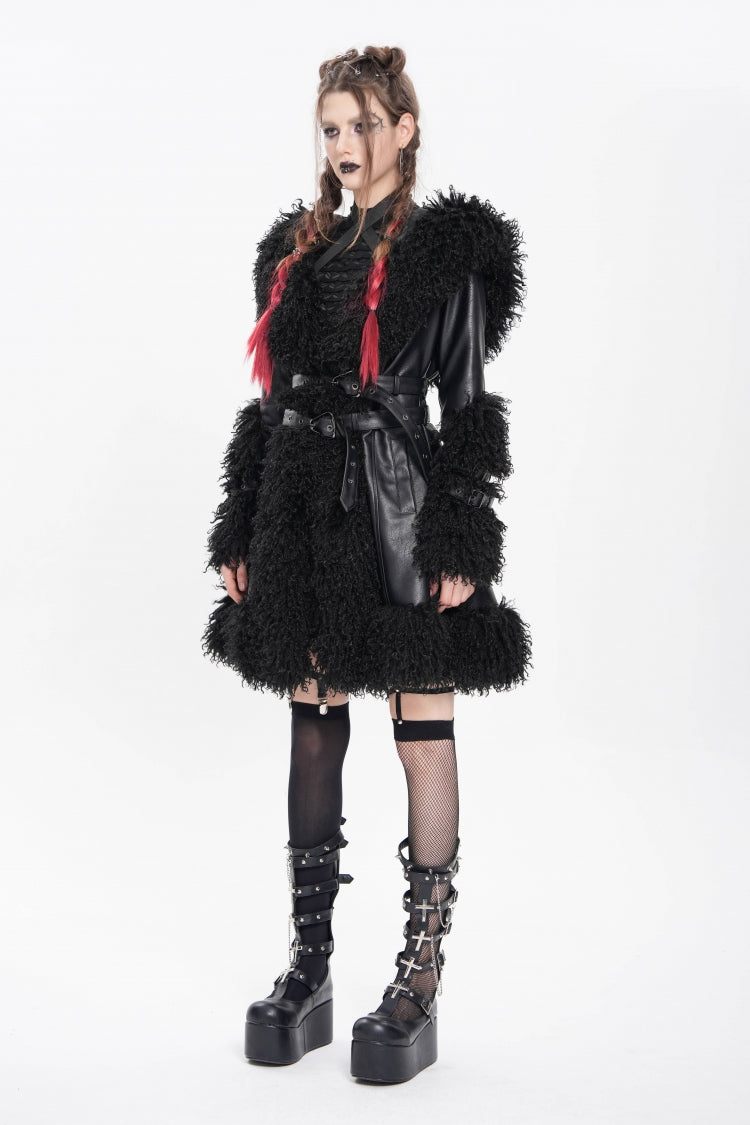 Women's Punk Coat with Plush Stitching, Buckle Straps and Hood, Long Sleeve