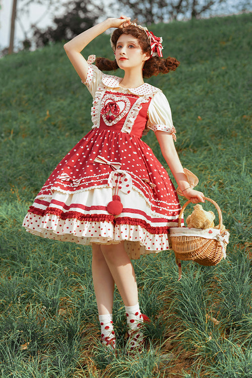Crimson Dot Print Layered JSK with Ruffled Trim