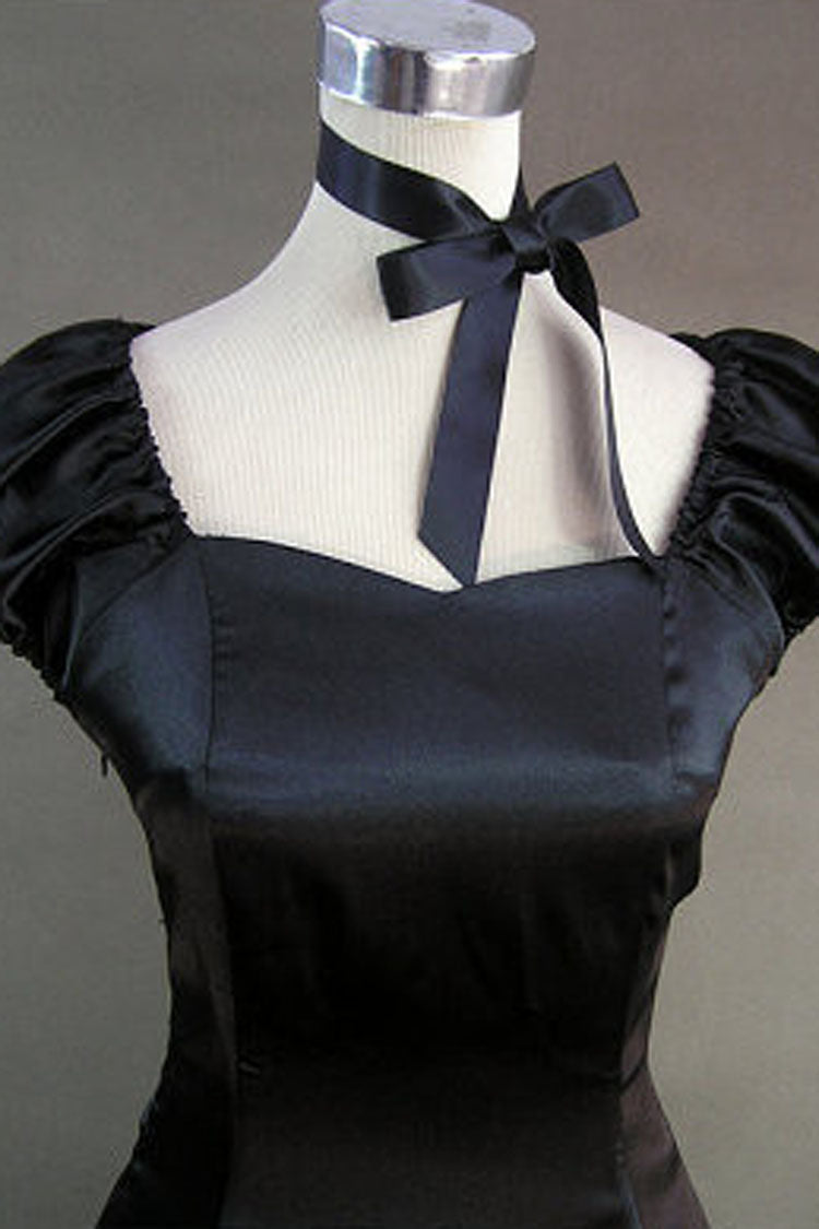 Floor-Length Victorian Gothic Lolita Gown with Square Neckline and Short Cap Sleeves in Cotton