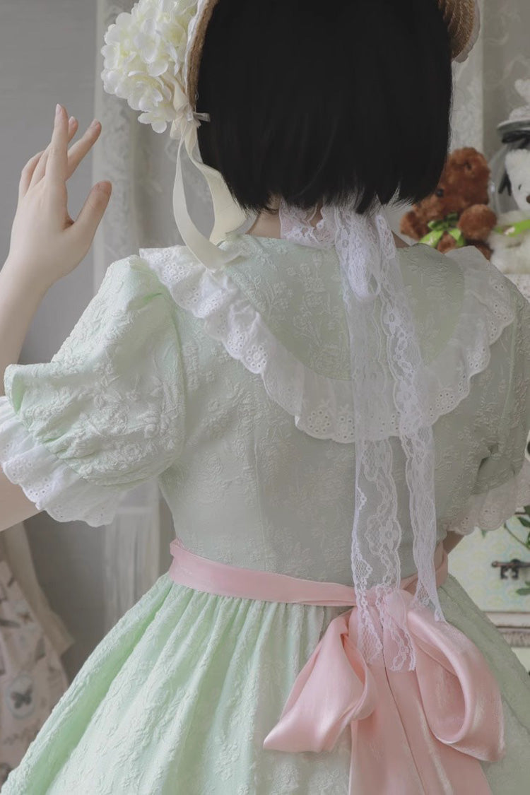 Emerald Short Sleeve Rose Print Ruffle Bow Sweet Lolita Dress