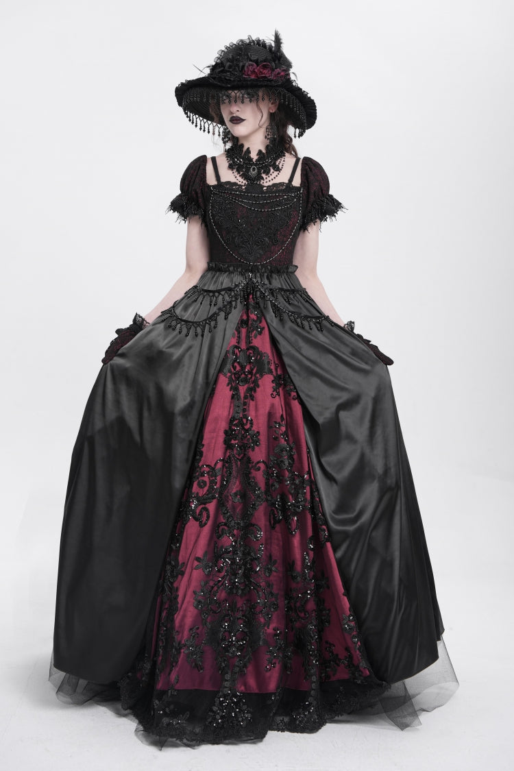 Crimson & Noir Off-Shoulder Embroidered Stitched Lace Gothic Dress