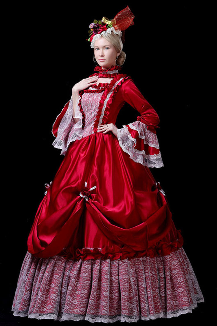 Crimson Victorian Prom Dress with Hime Sleeves and Hollow Embroidery
