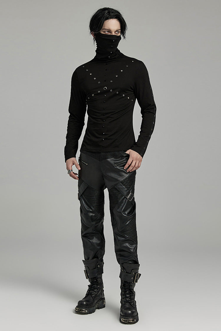 Punk Mesh Blouse with Rivets and Attached Mask, Long-Sleeve Men's Style