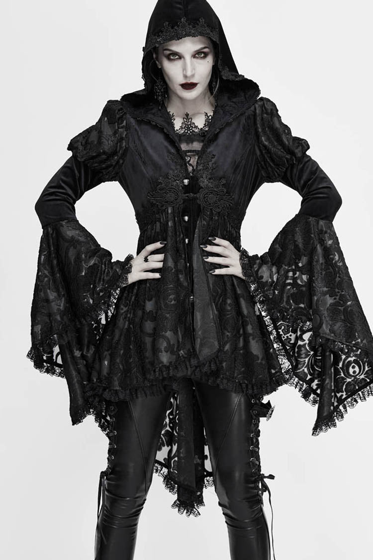 Gothic Velvet Hooded Coat with Metal Buttons, Lace Cuffs & Chest Decals