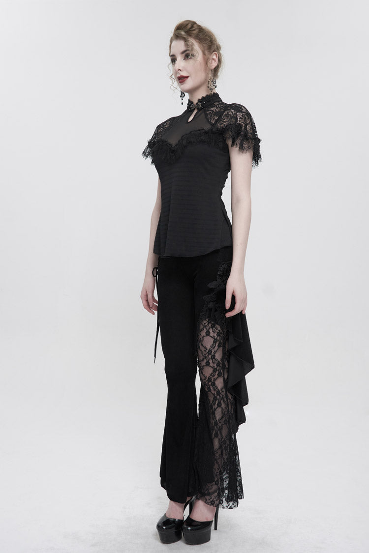 Women's Gothic Cheongsam-Style Slim T-Shirt with V-Neck and Raglan Mesh Sleeves