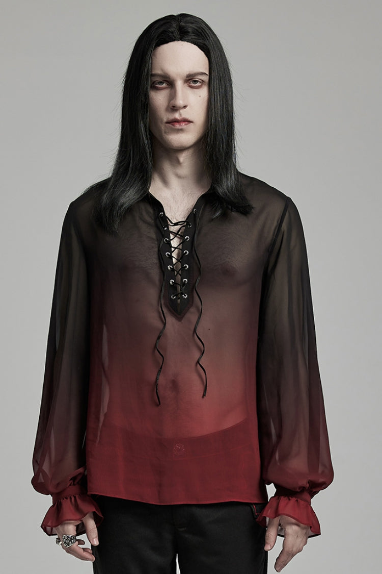 Crimson Noir Sheer Gradient Long-Sleeve Men's Gothic Blouse