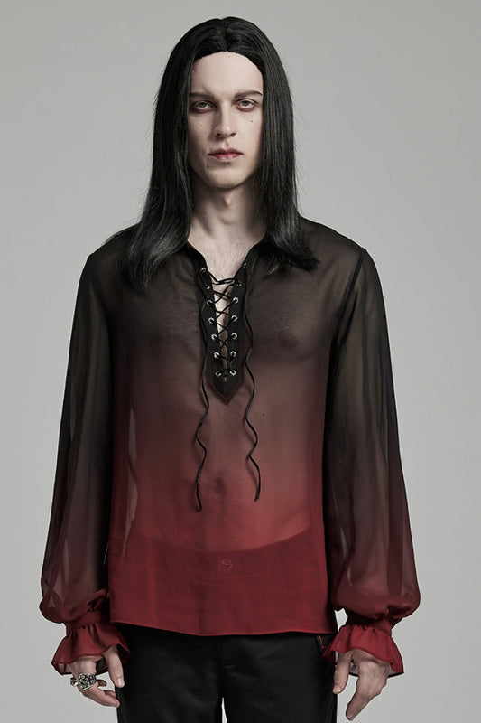 Crimson Noir Sheer Gradient Long-Sleeve Men's Gothic Blouse