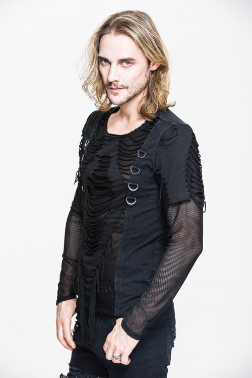 Men's Punk T-Shirt with Knitted Diamond Mesh and Ribbon Accents