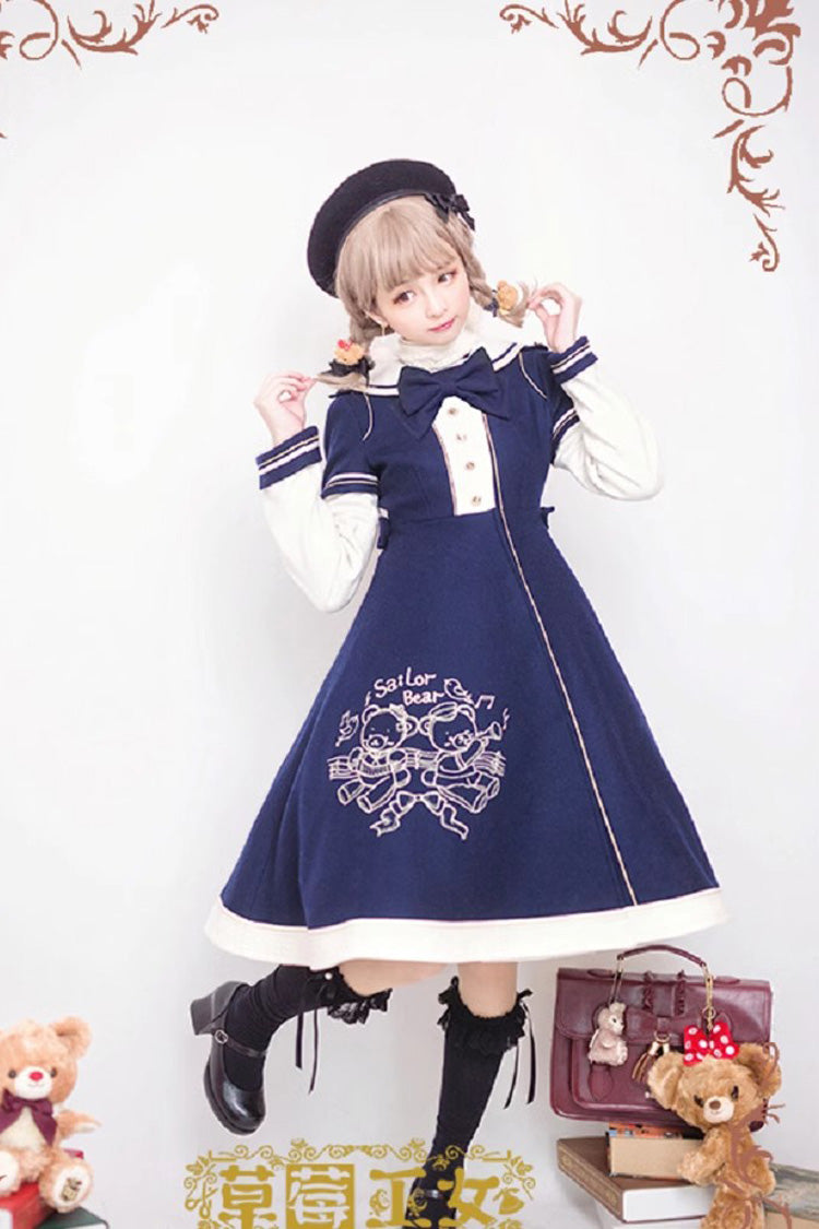 Sweet Lolita Woolen Coat with Bear Print Embroidery and Long Sleeves Bowknot