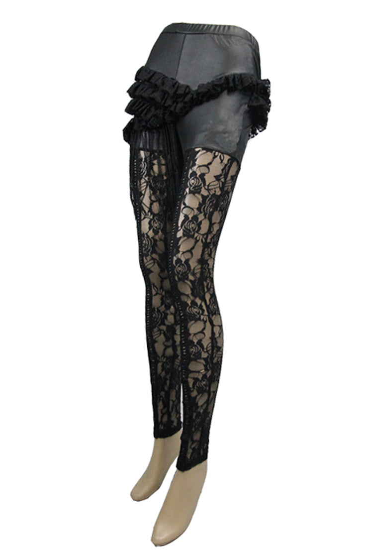 Gothic Leggings with Knitted Base Rose Flower Net and Asymmetric Lace