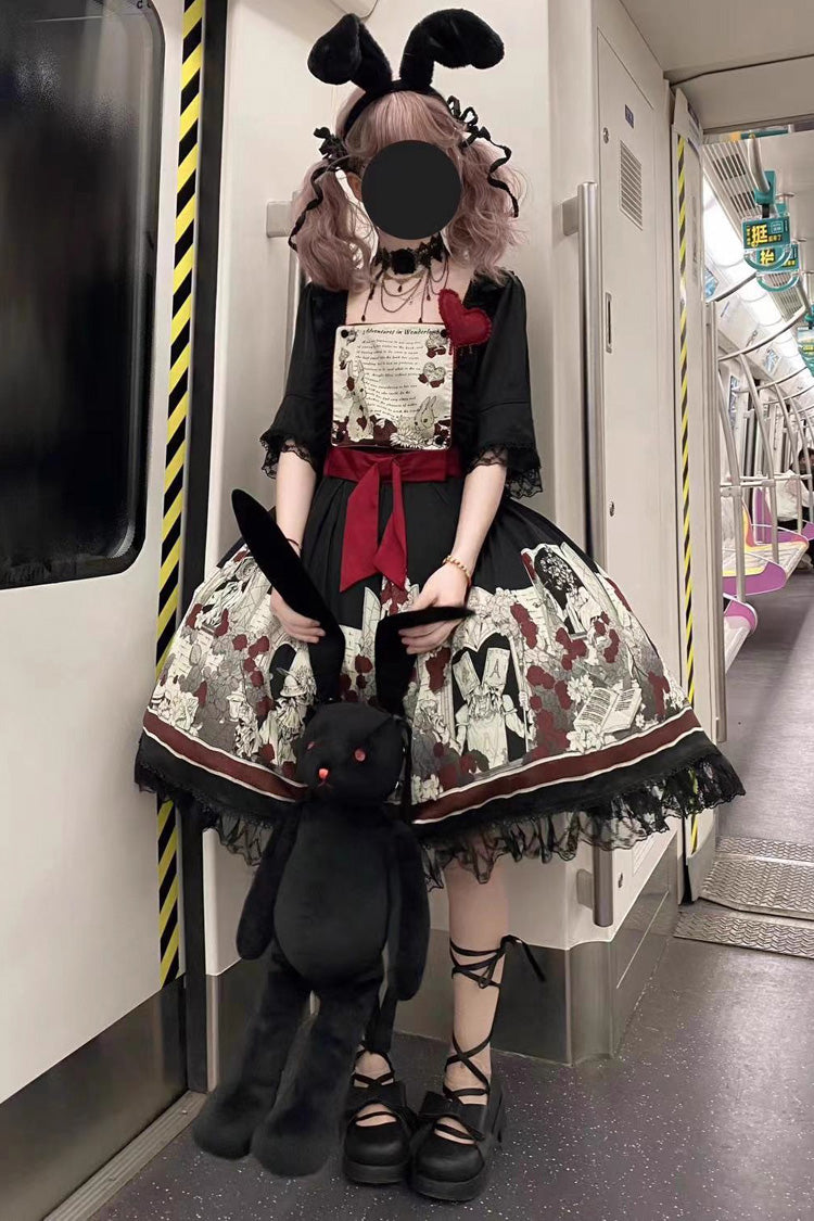 Print Bow Lace Gothic Dress - Alice of the Asylum