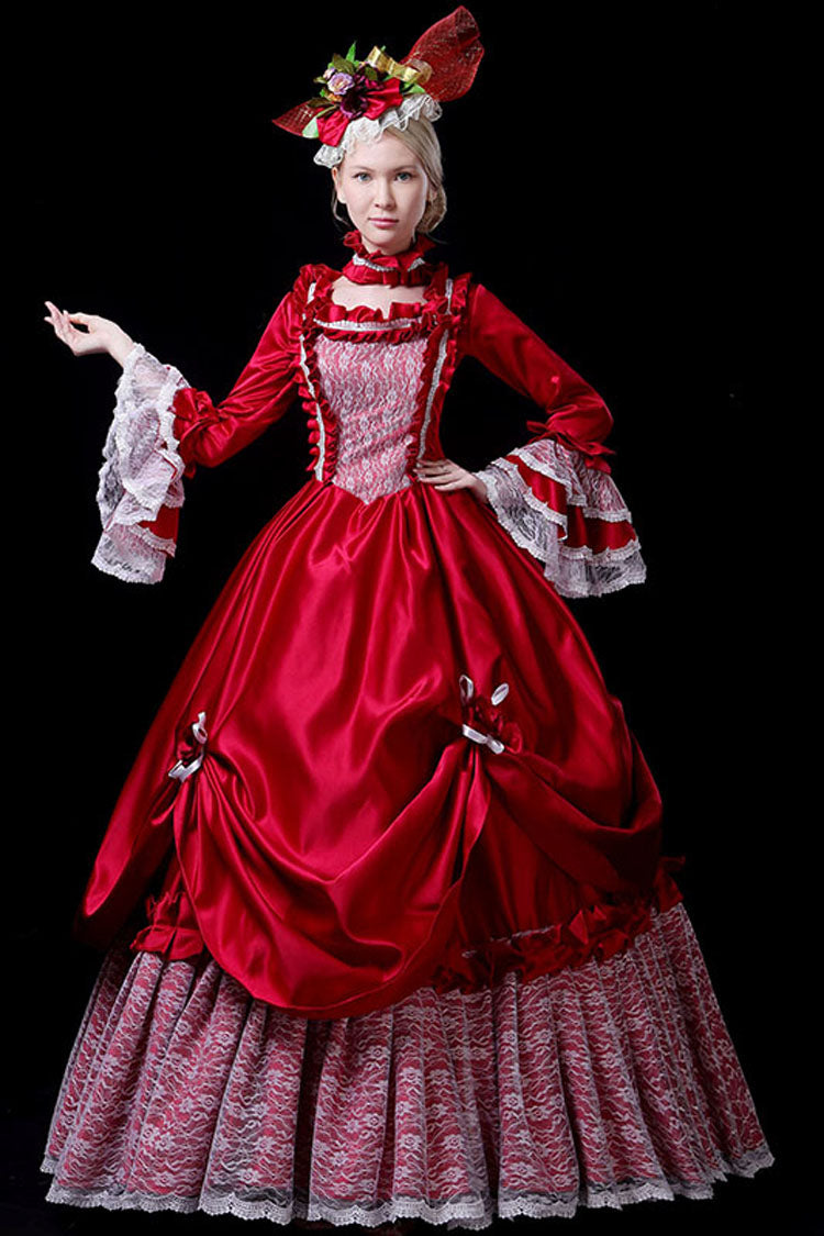 Crimson Victorian Prom Dress with Hime Sleeves and Hollow Embroidery