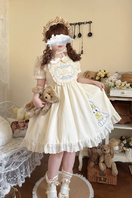 Sweet Dream Bunny Doll Collar Short Sleeves Ruffle Embroidery Bowknot Sweet Plus Size Lolita Dress