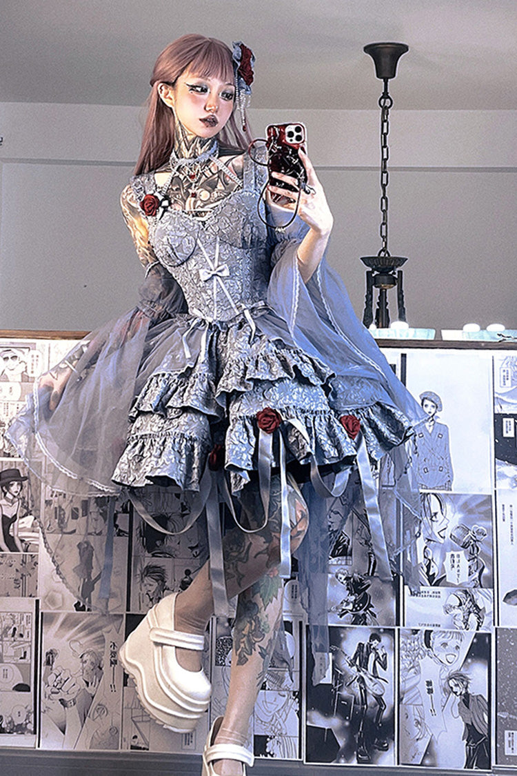 Crying Rose Double-Layer Ruffled Embroidered Bow Lace Gothic Ballet Lolita Skirt Set in 4 Shades