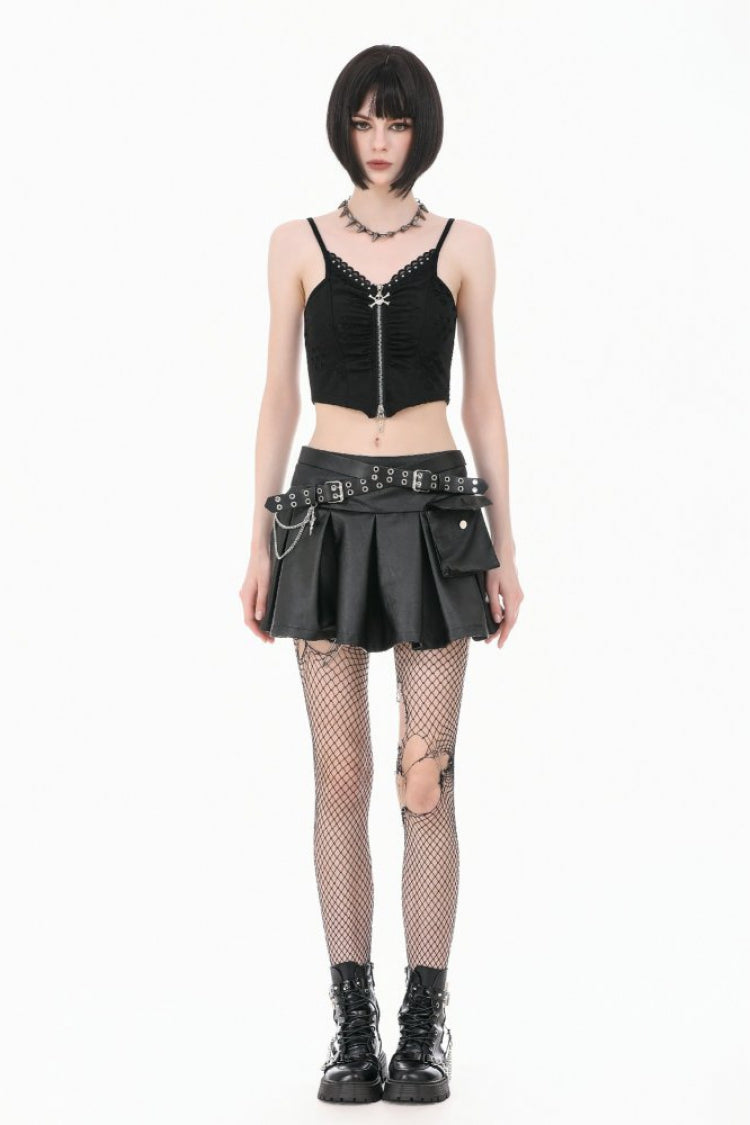 Women's Punk Pleated Skirt with Belt, Chain and Cross Lace-Up Decoration
